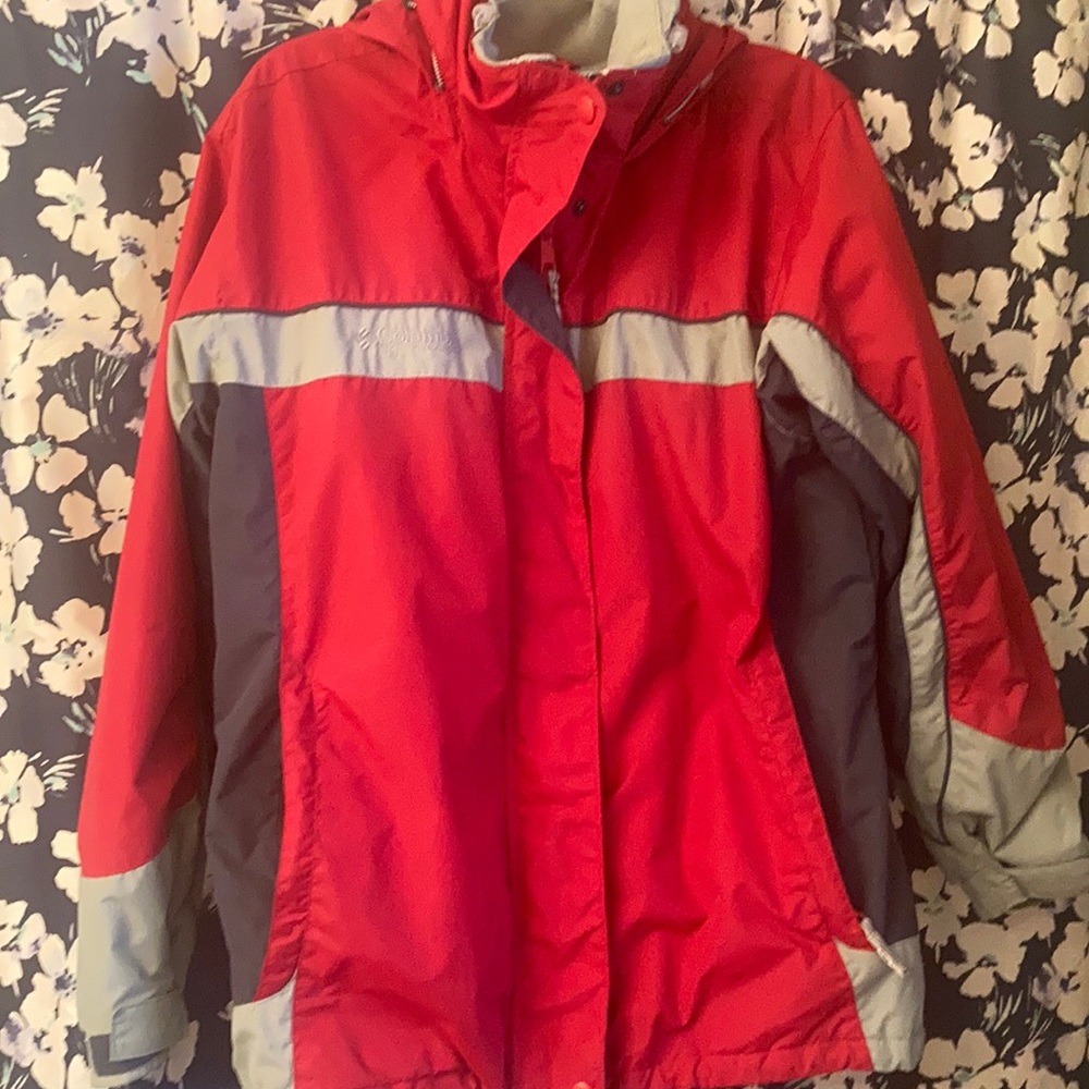 Columbia red/gray hooded winter jacket